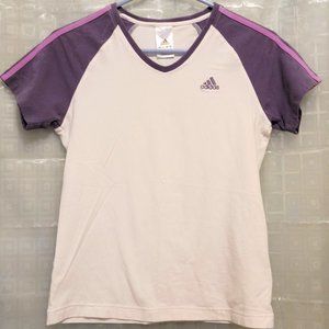 ADIDAS TREFOIL SHORT SLEEVE OFF-WHITE & PURPLE PERFORMANCE FITNESS TOP - EUC